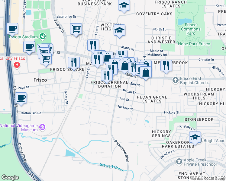 map of restaurants, bars, coffee shops, grocery stores, and more near 6943 Pecan Street in Frisco