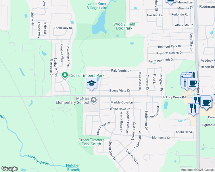 map of restaurants, bars, coffee shops, grocery stores, and more near 1312 Vista Verde St in Denton