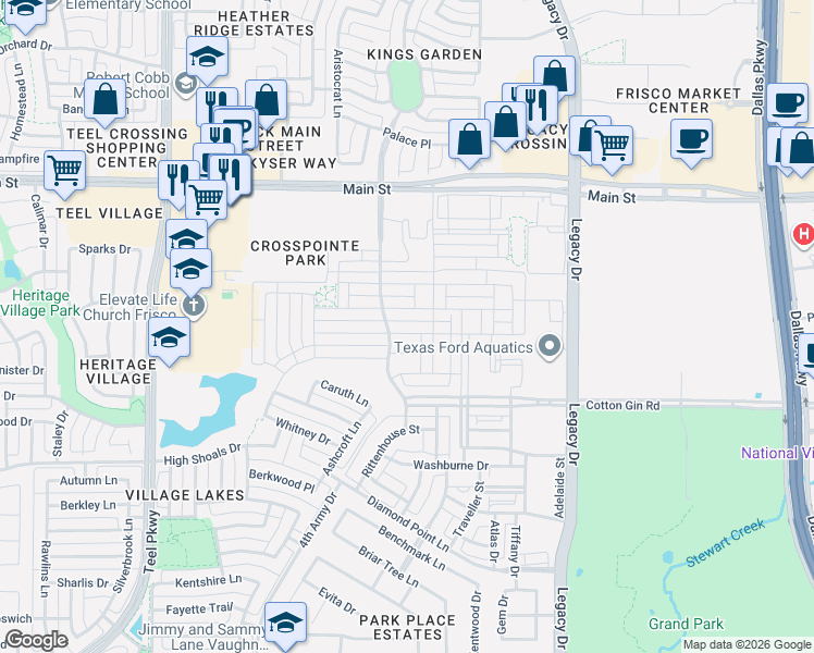 map of restaurants, bars, coffee shops, grocery stores, and more near 3830 Sevilla Drive in Frisco