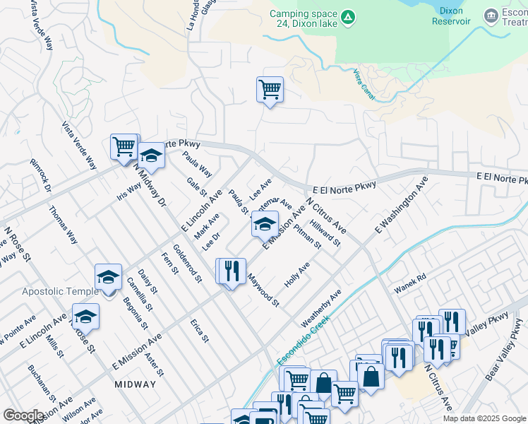 map of restaurants, bars, coffee shops, grocery stores, and more near 2215 Montemar Avenue in Escondido