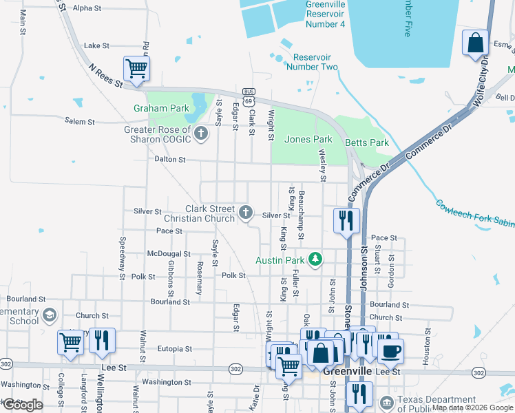map of restaurants, bars, coffee shops, grocery stores, and more near 3122-1/2 Silver Street in Greenville