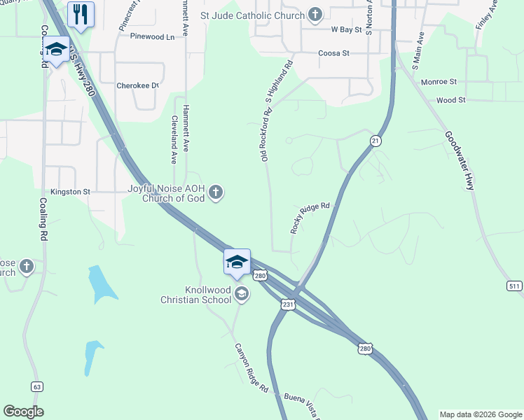 map of restaurants, bars, coffee shops, grocery stores, and more near 706 Old Rockford Road in Sylacauga