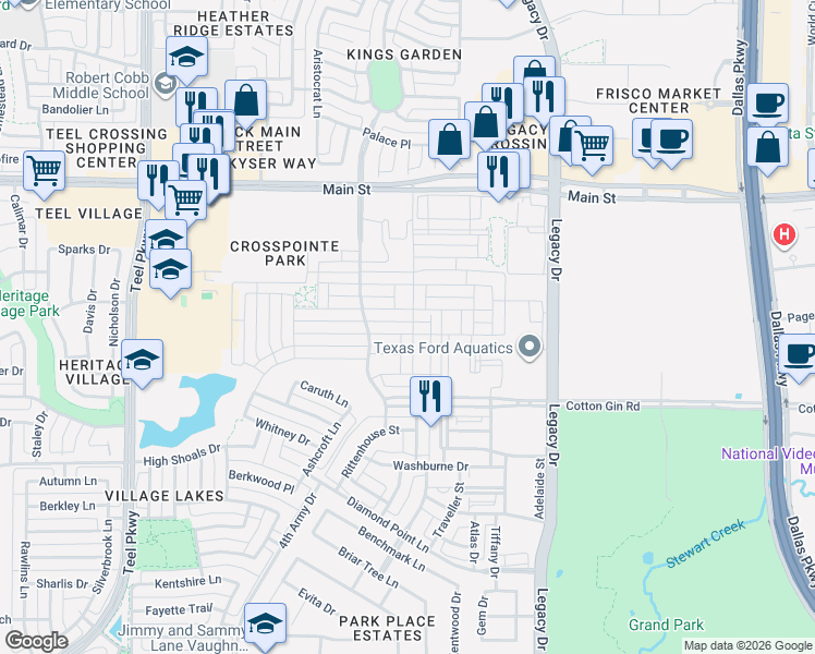 map of restaurants, bars, coffee shops, grocery stores, and more near 3990 Sevilla Drive in Frisco