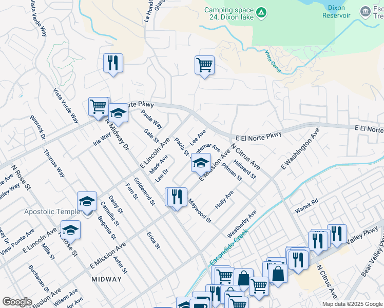 map of restaurants, bars, coffee shops, grocery stores, and more near 2215 Montemar Avenue in Escondido