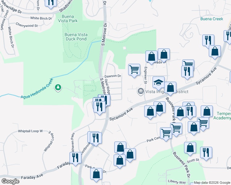 map of restaurants, bars, coffee shops, grocery stores, and more near 1523 Clearwater Ridge in Vista