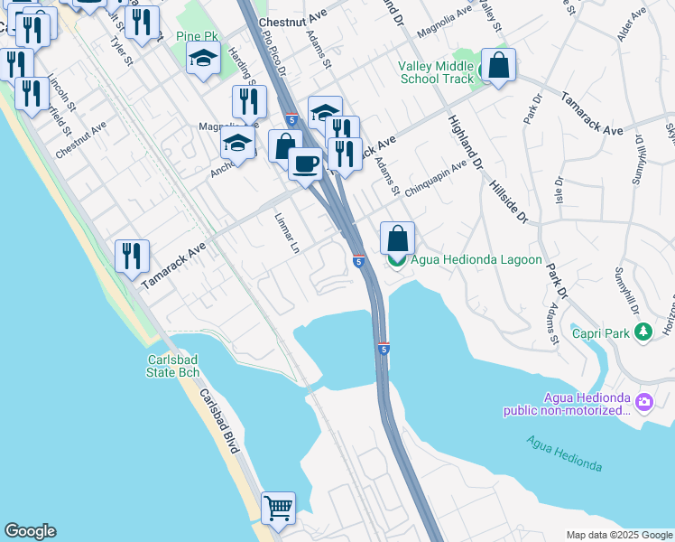 map of restaurants, bars, coffee shops, grocery stores, and more near 4020 Layang Layang Circle in Carlsbad