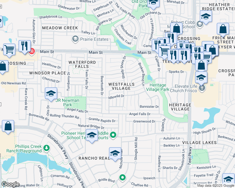 map of restaurants, bars, coffee shops, grocery stores, and more near 1900 Idlewild Drive in Frisco