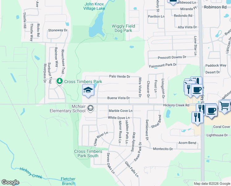 map of restaurants, bars, coffee shops, grocery stores, and more near 1504 Vista Verde Road in Denton