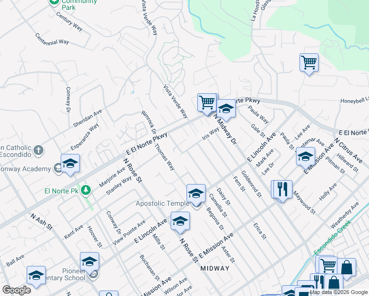 map of restaurants, bars, coffee shops, grocery stores, and more near 1820 Iris Way in Escondido