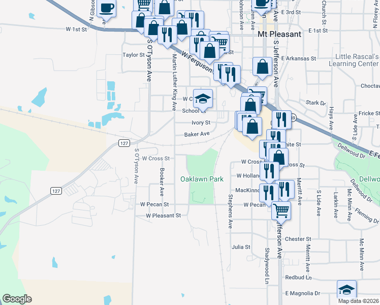 map of restaurants, bars, coffee shops, grocery stores, and more near 806 West Cross Street in Mount Pleasant