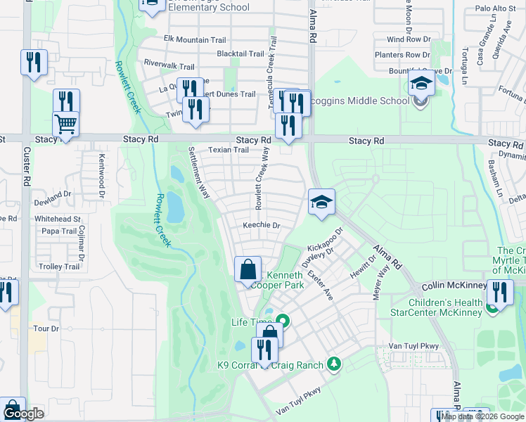 map of restaurants, bars, coffee shops, grocery stores, and more near 5501 Rowlett Creek Way in McKinney