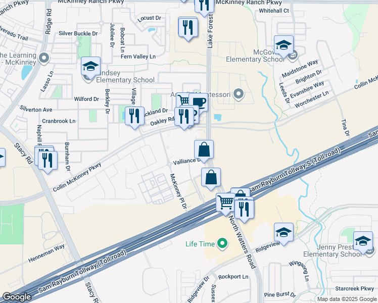 map of restaurants, bars, coffee shops, grocery stores, and more near 5201 Collin McKinney Parkway in McKinney