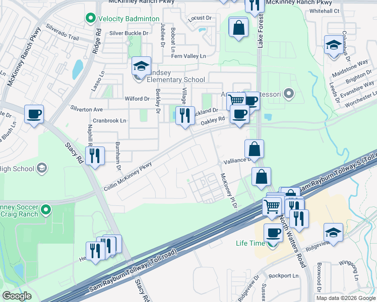 map of restaurants, bars, coffee shops, grocery stores, and more near 5212 Amphora Avenue in McKinney