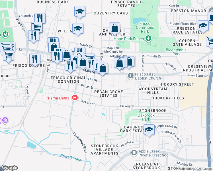 map of restaurants, bars, coffee shops, grocery stores, and more near 8760 South County Road in Frisco