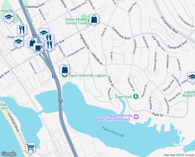 map of restaurants, bars, coffee shops, grocery stores, and more near 4350 Highland Drive in Carlsbad