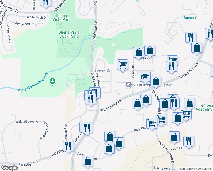 map of restaurants, bars, coffee shops, grocery stores, and more near 1523 Clearwater Ridge in Vista