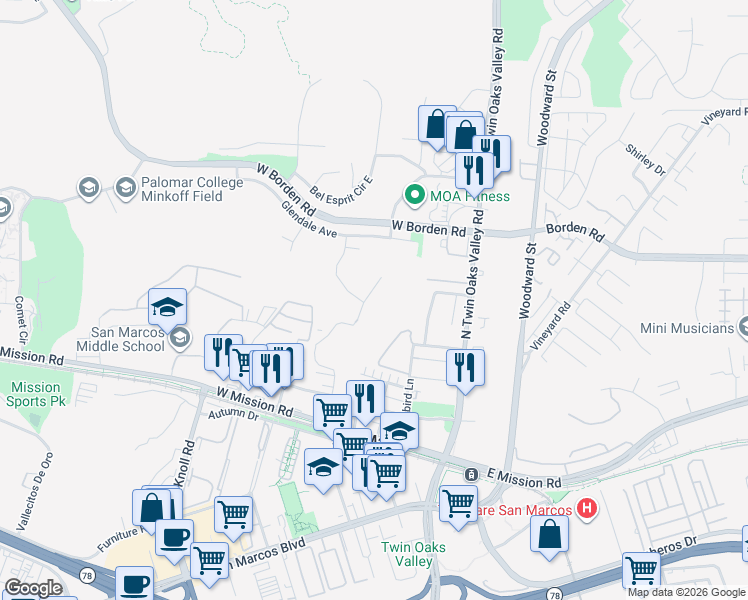 map of restaurants, bars, coffee shops, grocery stores, and more near 223 Petunia Court in San Marcos