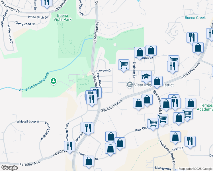 map of restaurants, bars, coffee shops, grocery stores, and more near 1525 Clearwater Ridge in Vista