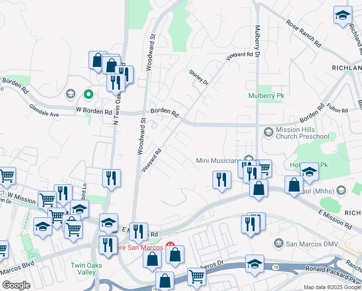 map of restaurants, bars, coffee shops, grocery stores, and more near 515 Hemphill Drive in San Marcos