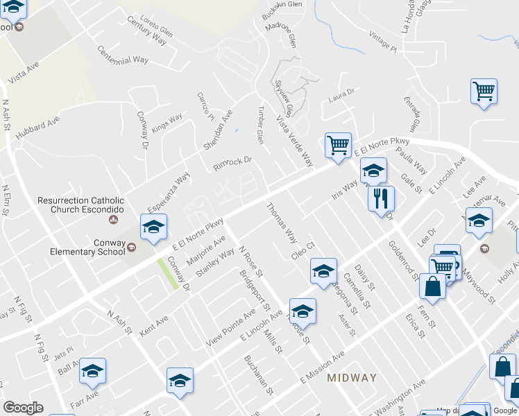 map of restaurants, bars, coffee shops, grocery stores, and more near 1669 East El Norte Parkway in Escondido