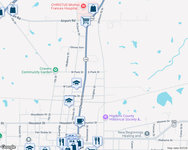 map of restaurants, bars, coffee shops, grocery stores, and more near 927 Longino Street in Sulphur Springs