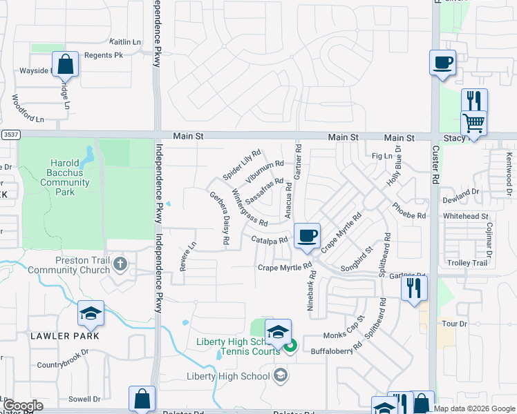 map of restaurants, bars, coffee shops, grocery stores, and more near 15193 Basket Oak Road in Frisco