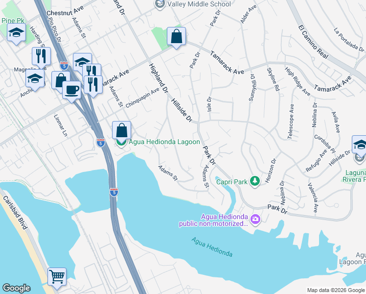 map of restaurants, bars, coffee shops, grocery stores, and more near 4350 Highland Drive in Carlsbad