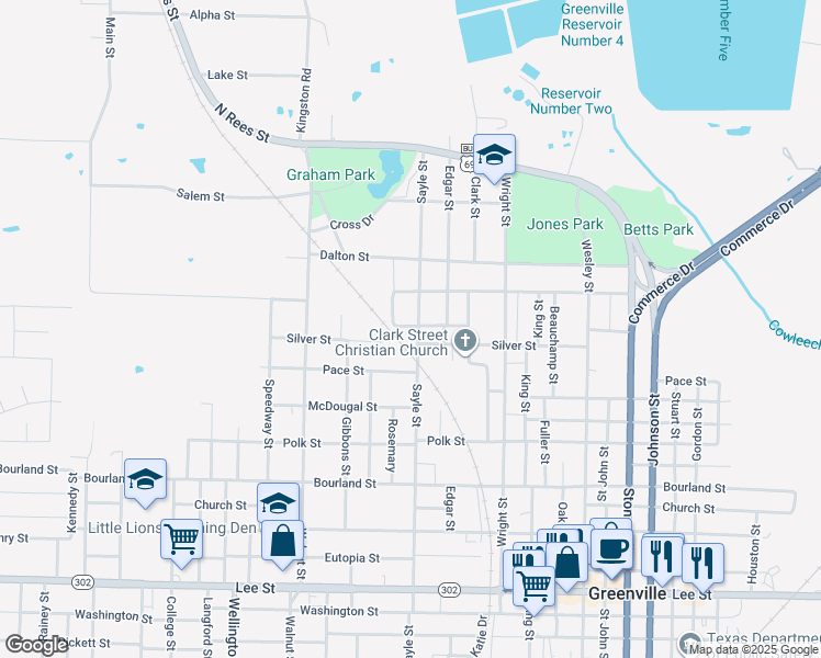 map of restaurants, bars, coffee shops, grocery stores, and more near 1302 Sayle Street in Greenville