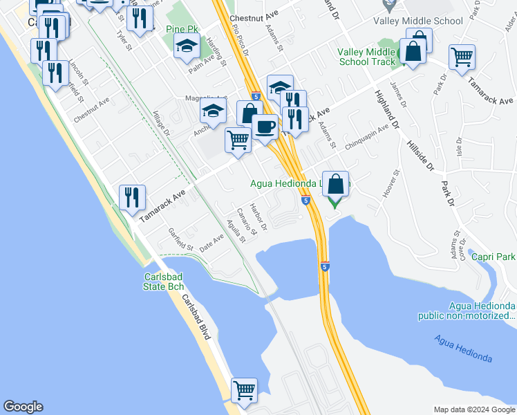 map of restaurants, bars, coffee shops, grocery stores, and more near 4030 Harbor Drive in Carlsbad