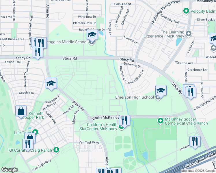 map of restaurants, bars, coffee shops, grocery stores, and more near 5420 Gypsum Drive in McKinney