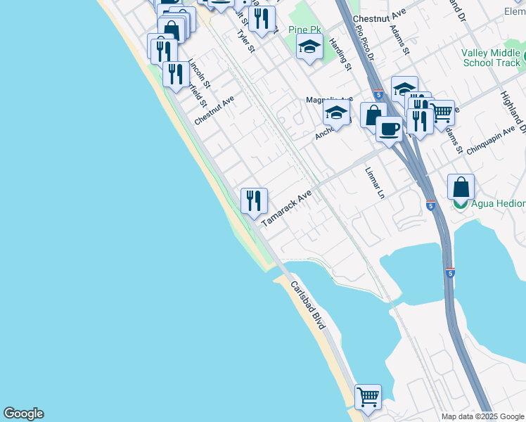 map of restaurants, bars, coffee shops, grocery stores, and more near 159 Redwood Avenue in Carlsbad
