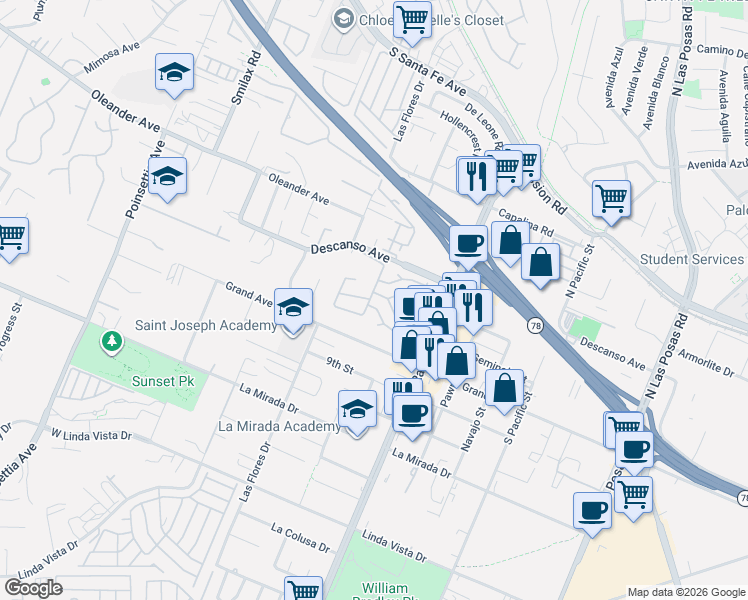 map of restaurants, bars, coffee shops, grocery stores, and more near 15050 Rancho Santa Fe Road in San Marcos