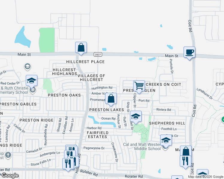 map of restaurants, bars, coffee shops, grocery stores, and more near 11401 Huntington Road in Frisco