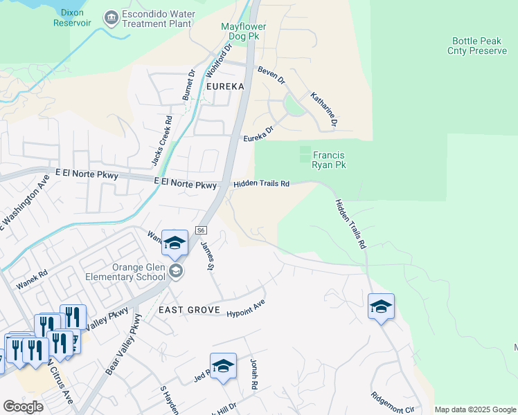 map of restaurants, bars, coffee shops, grocery stores, and more near 1800-2 East Valley Parkway in Escondido