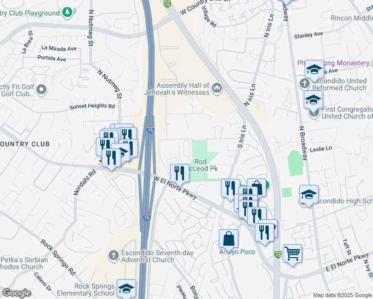 map of restaurants, bars, coffee shops, grocery stores, and more near 1740 Seven Oaks Road in Escondido