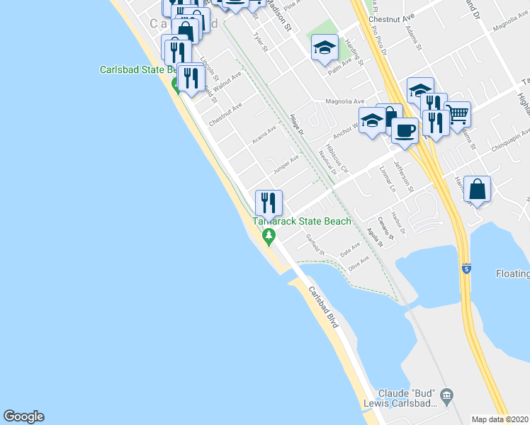map of restaurants, bars, coffee shops, grocery stores, and more near 159 Redwood Avenue in Carlsbad