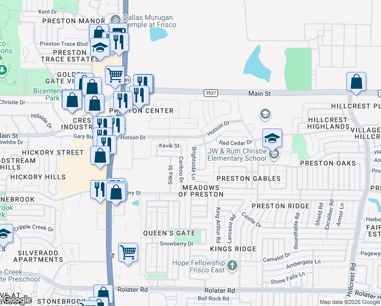 map of restaurants, bars, coffee shops, grocery stores, and more near 8405 Brightside Lane in Frisco