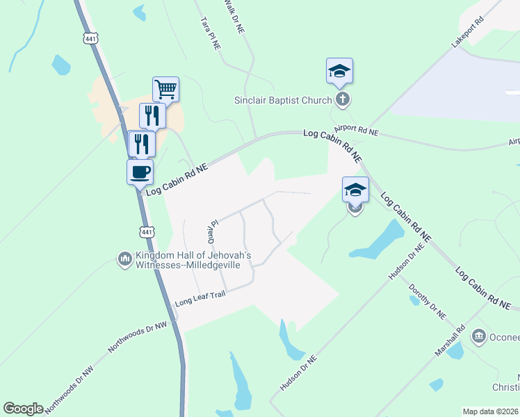 map of restaurants, bars, coffee shops, grocery stores, and more near 133 Quail Place in Milledgeville