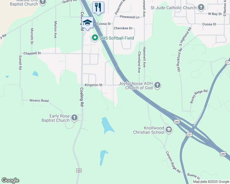map of restaurants, bars, coffee shops, grocery stores, and more near 1063 Pinecrest Road in Sylacauga