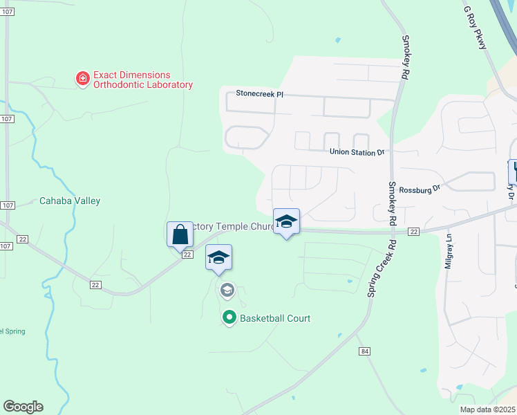 map of restaurants, bars, coffee shops, grocery stores, and more near 9315 County Road 22 in Montevallo