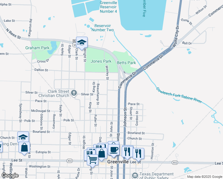map of restaurants, bars, coffee shops, grocery stores, and more near 1224 Saint John Street in Greenville