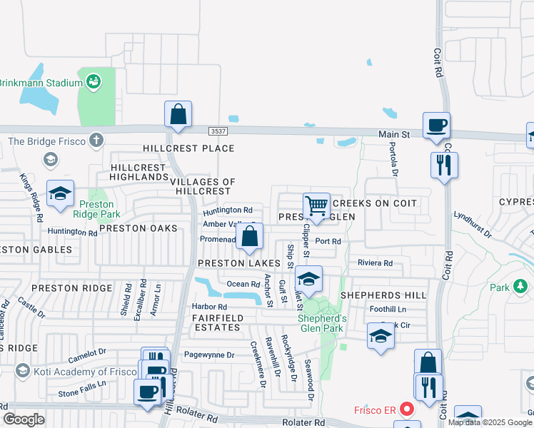map of restaurants, bars, coffee shops, grocery stores, and more near 8404 Meadow Glade in Frisco