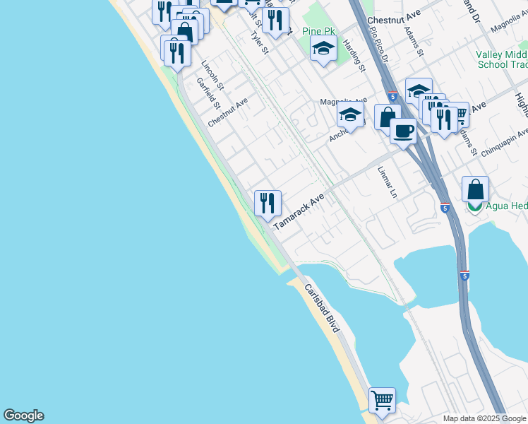 map of restaurants, bars, coffee shops, grocery stores, and more near 3840 Carlsbad Boulevard in Carlsbad