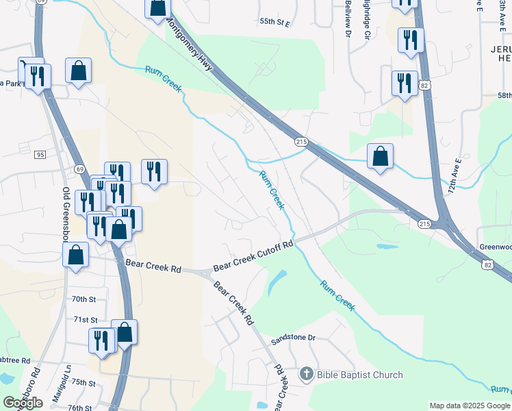 map of restaurants, bars, coffee shops, grocery stores, and more near 7013 Shadesbrook Drive in Tuscaloosa