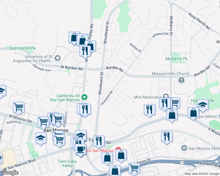 map of restaurants, bars, coffee shops, grocery stores, and more near 285 Syrah Lane in San Marcos