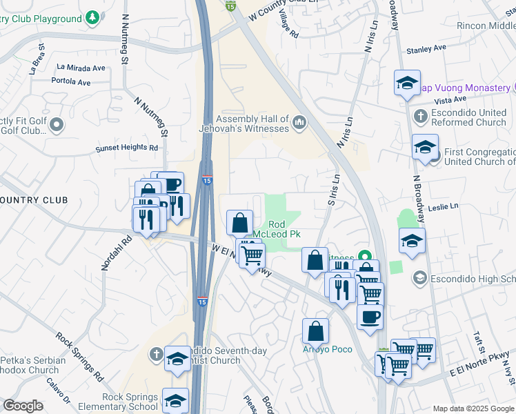map of restaurants, bars, coffee shops, grocery stores, and more near 1740 Seven Oakes Road in Escondido