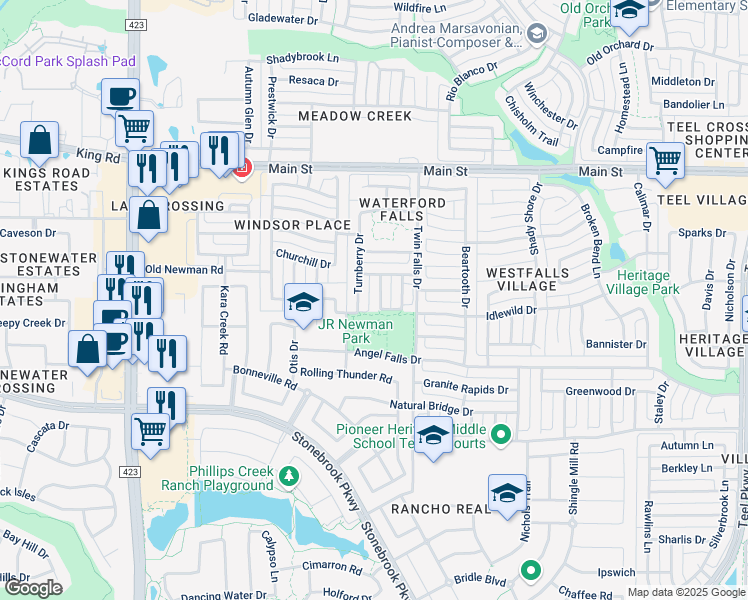 map of restaurants, bars, coffee shops, grocery stores, and more near 8433 Winged Foot Drive in Frisco