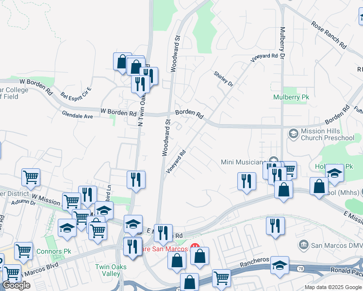 map of restaurants, bars, coffee shops, grocery stores, and more near 285 Syrah Lane in San Marcos