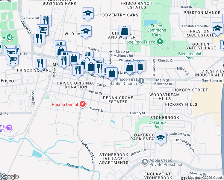map of restaurants, bars, coffee shops, grocery stores, and more near 8760 South County Road in Frisco