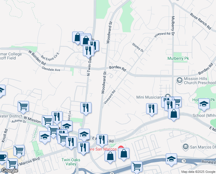 map of restaurants, bars, coffee shops, grocery stores, and more near 640 Wil-Ev Drive in San Marcos